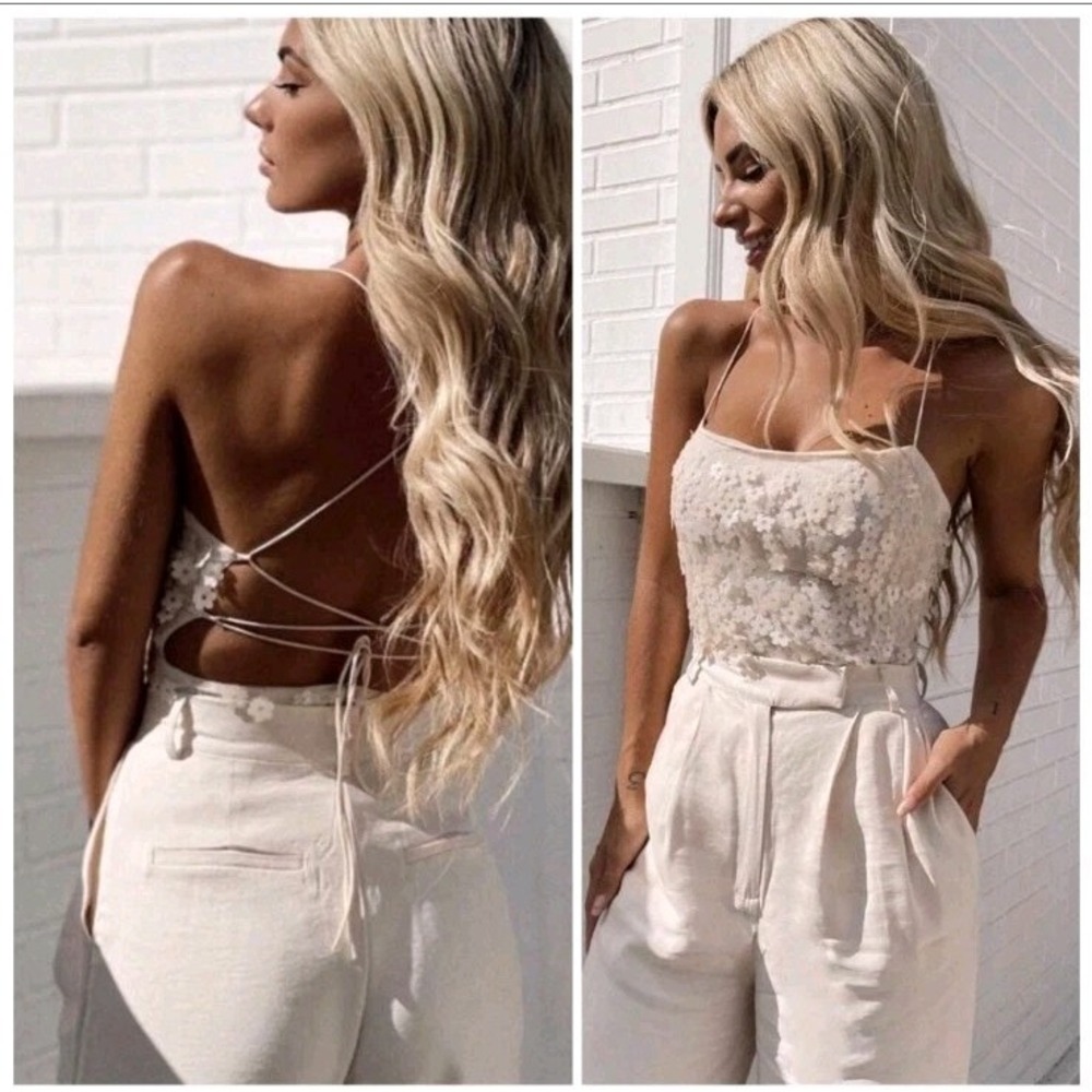 Zara Ivory Floral Sequin Strappy Bodysuit
